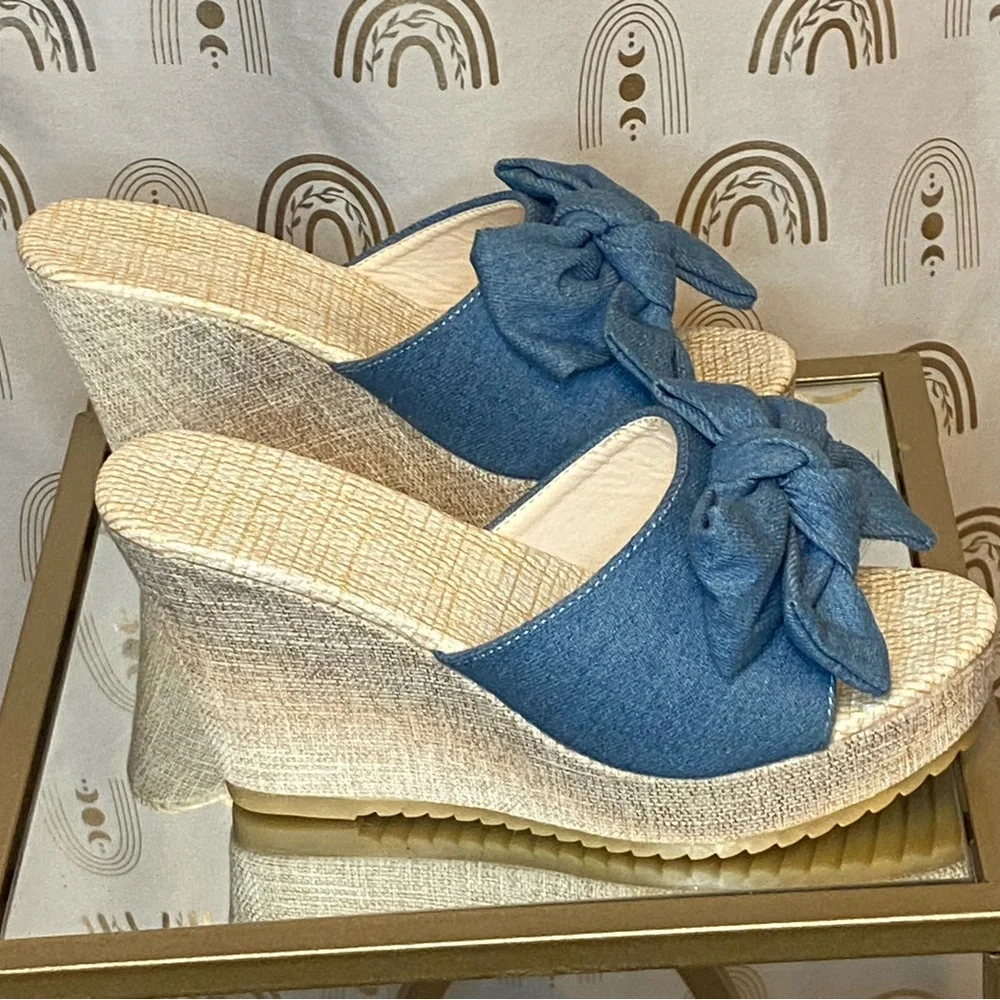 Espadrille Wedge Slide Sandals | Denim Bow | Size 9